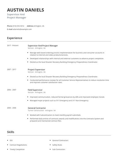 Supervisor And Project Manager Resume
