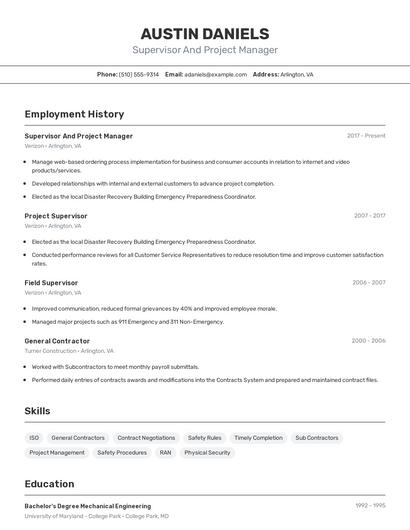 Supervisor And Project Manager Resume