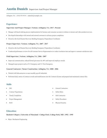 Supervisor And Project Manager Resume