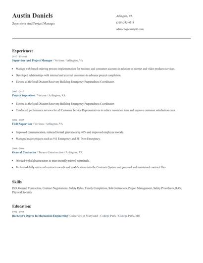 Supervisor And Project Manager Resume