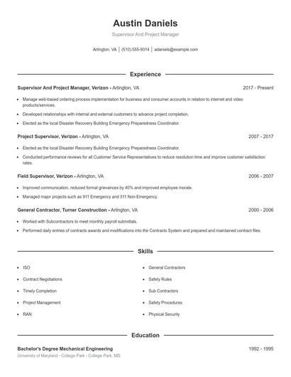 Supervisor And Project Manager Resume