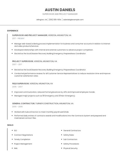 Supervisor And Project Manager Resume