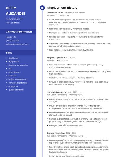 Supervisor Of Installation Resume