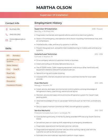 Supervisor Of Installation Resume