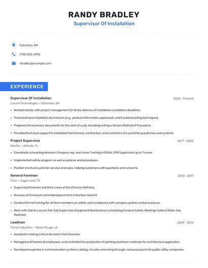 Supervisor Of Installation Resume