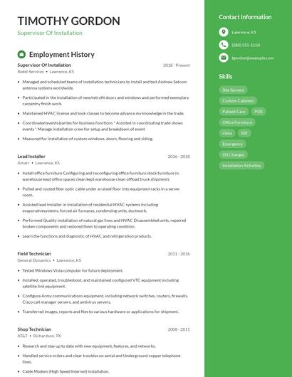 Supervisor Of Installation Resume