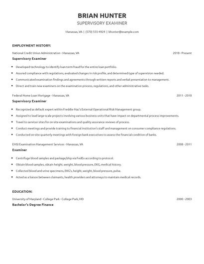 Supervisory Examiner Resume