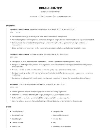 Supervisory Examiner Resume