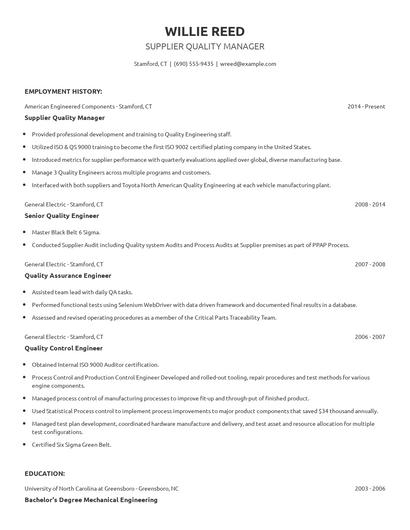 Supplier Quality Manager Resume