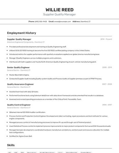 Supplier Quality Manager Resume