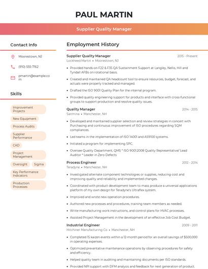 Supplier Quality Manager Resume