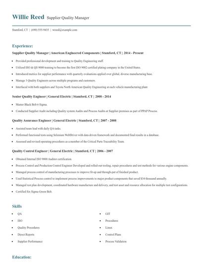 Supplier Quality Manager Resume