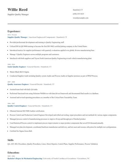 Supplier Quality Manager Resume