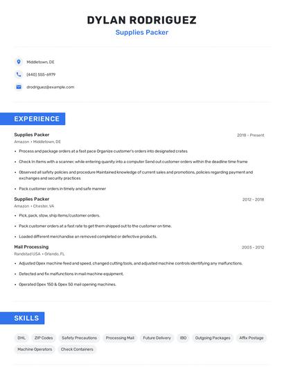 Supplies Packer Resume