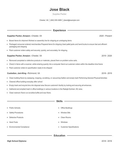 Supplies Packer Resume