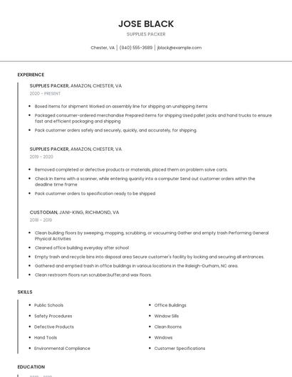 Supplies Packer Resume
