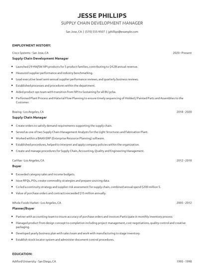 Supply Chain Development Manager Resume