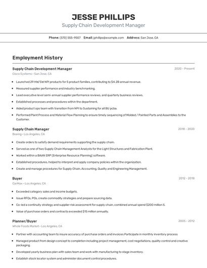 Supply Chain Development Manager Resume