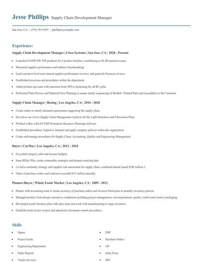 Supply Chain Development Manager Resume