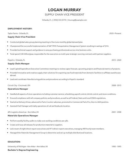 Supply Chain Vice President Resume