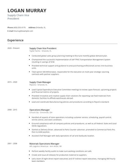 Supply Chain Vice President Resume