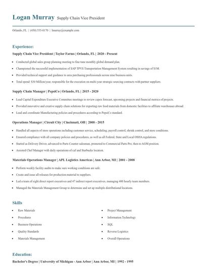 Supply Chain Vice President Resume