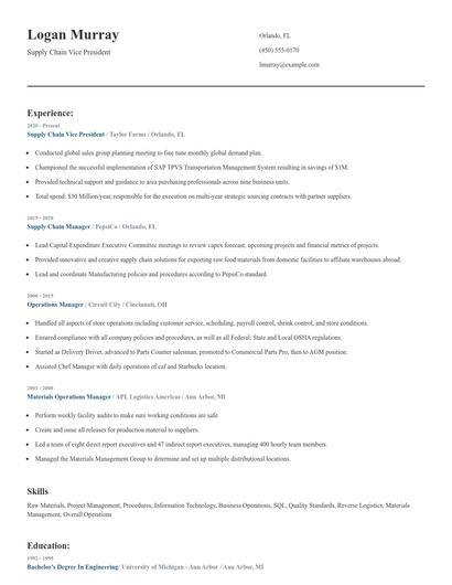 Supply Chain Vice President Resume