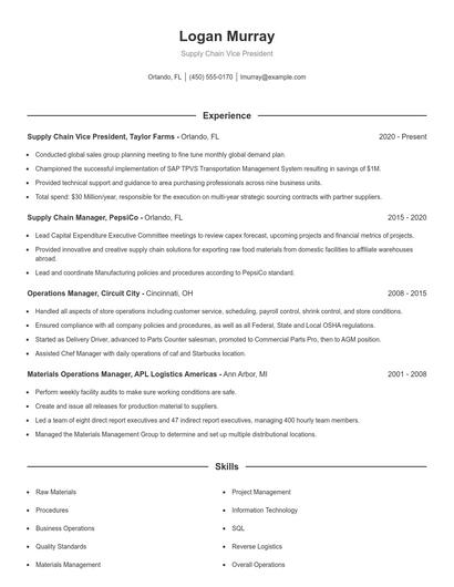 Supply Chain Vice President Resume