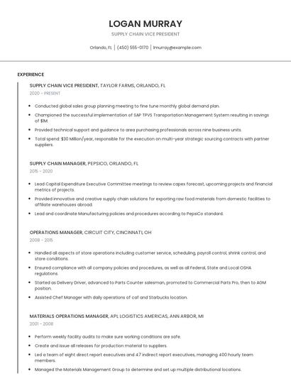 Supply Chain Vice President Resume
