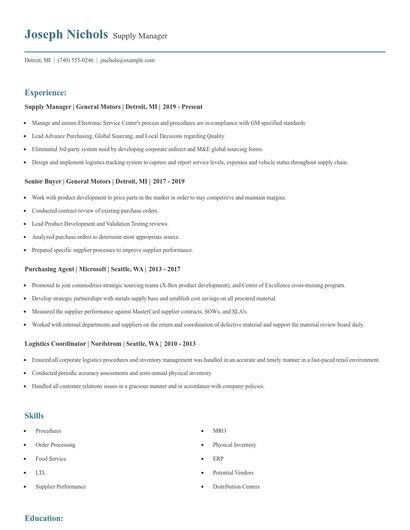 Supply Manager Resume