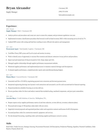 Supply Manager Resume