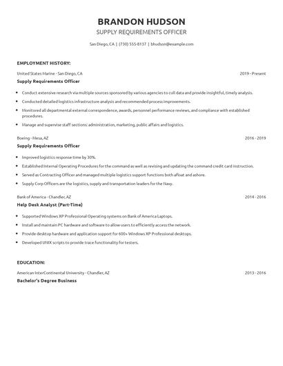 Supply Requirements Officer Resume