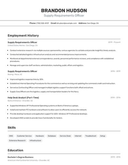 Supply Requirements Officer Resume