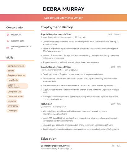 Supply Requirements Officer Resume