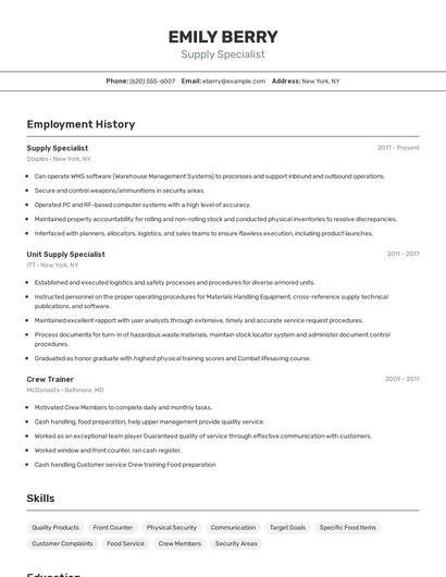 Supply Specialist Resume