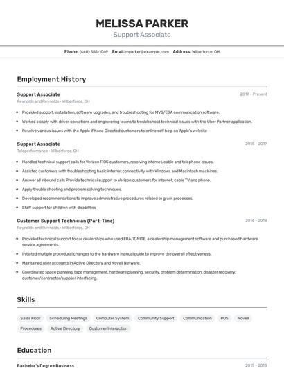 Support Associate Resume