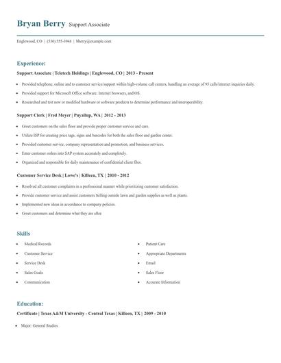 Support Associate Resume