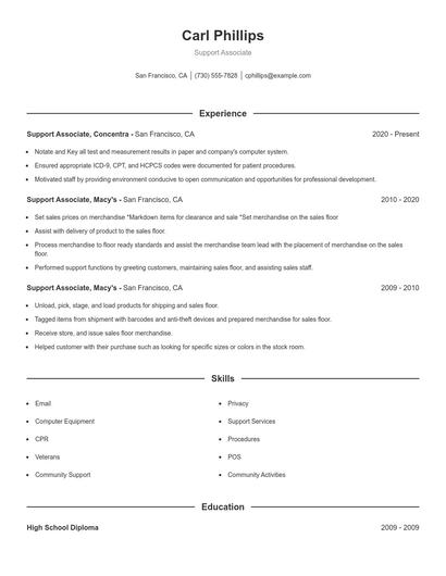 Support Associate Resume
