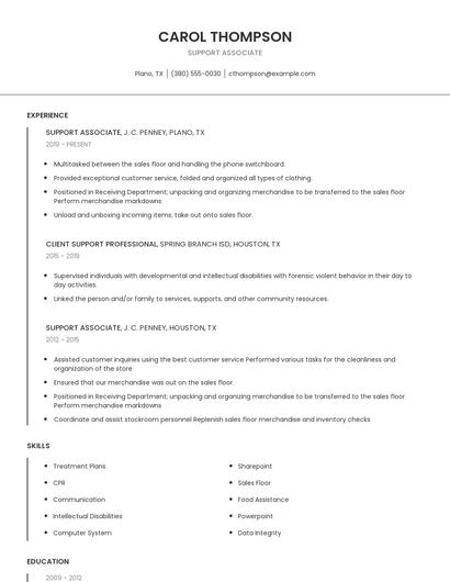 Support Associate Resume
