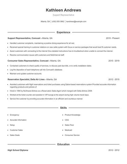 Support Representative Resume