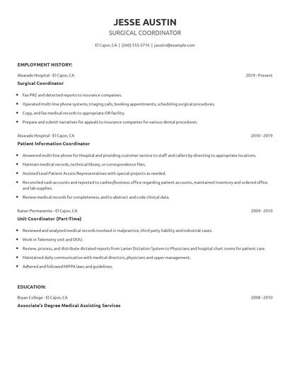 Surgical Coordinator Resume