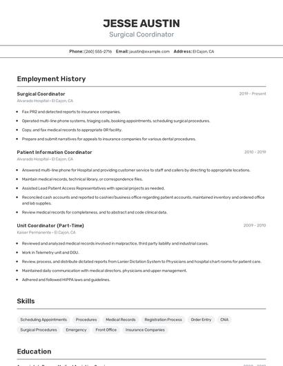 Surgical Coordinator Resume