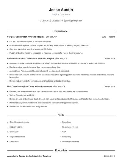 Surgical Coordinator Resume