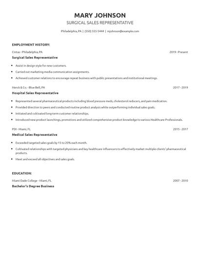 Surgical Sales Representative Resume