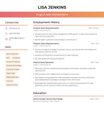 Surgical Sales Representative Resume