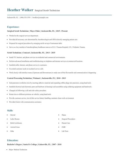 Surgical Scrub Technician Resume
