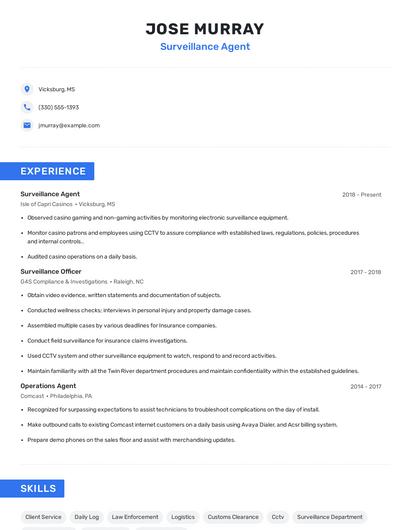 Surveillance Agent Resume