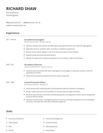 Surveillance Investigator Resume