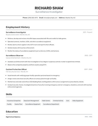 Surveillance Investigator Resume