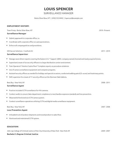Surveillance Manager Resume